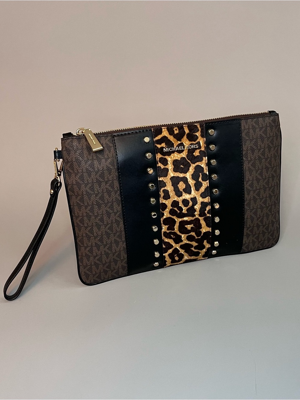 Michael Kors Brown & Black Leopard Accent Wristlet Clutch